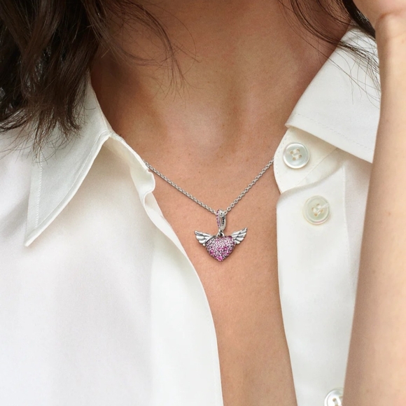 Pandora Silver Necklace with Pink Heart and Wings - Picture 3 of 6